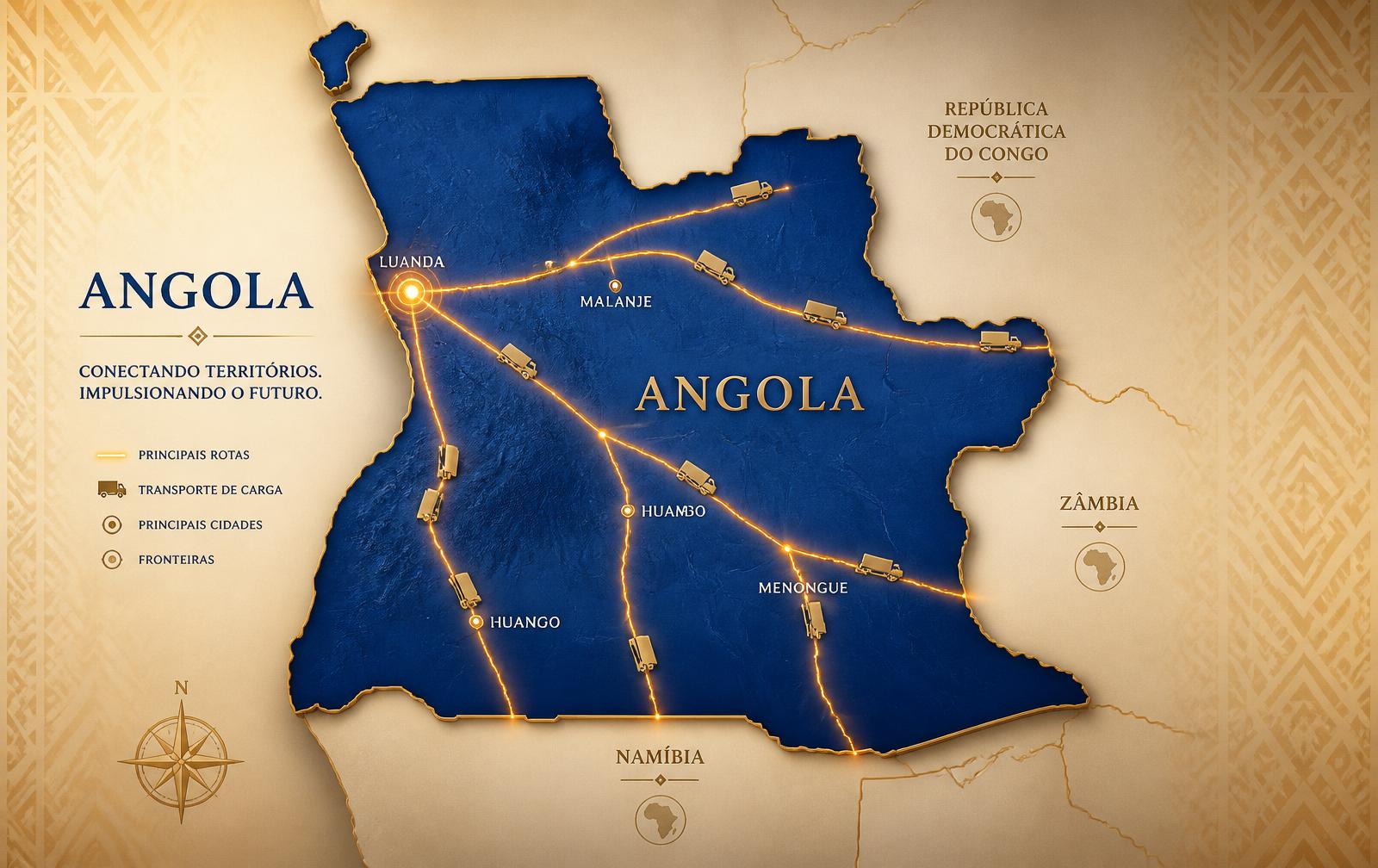 Mapa de Angola com rotas de transporte